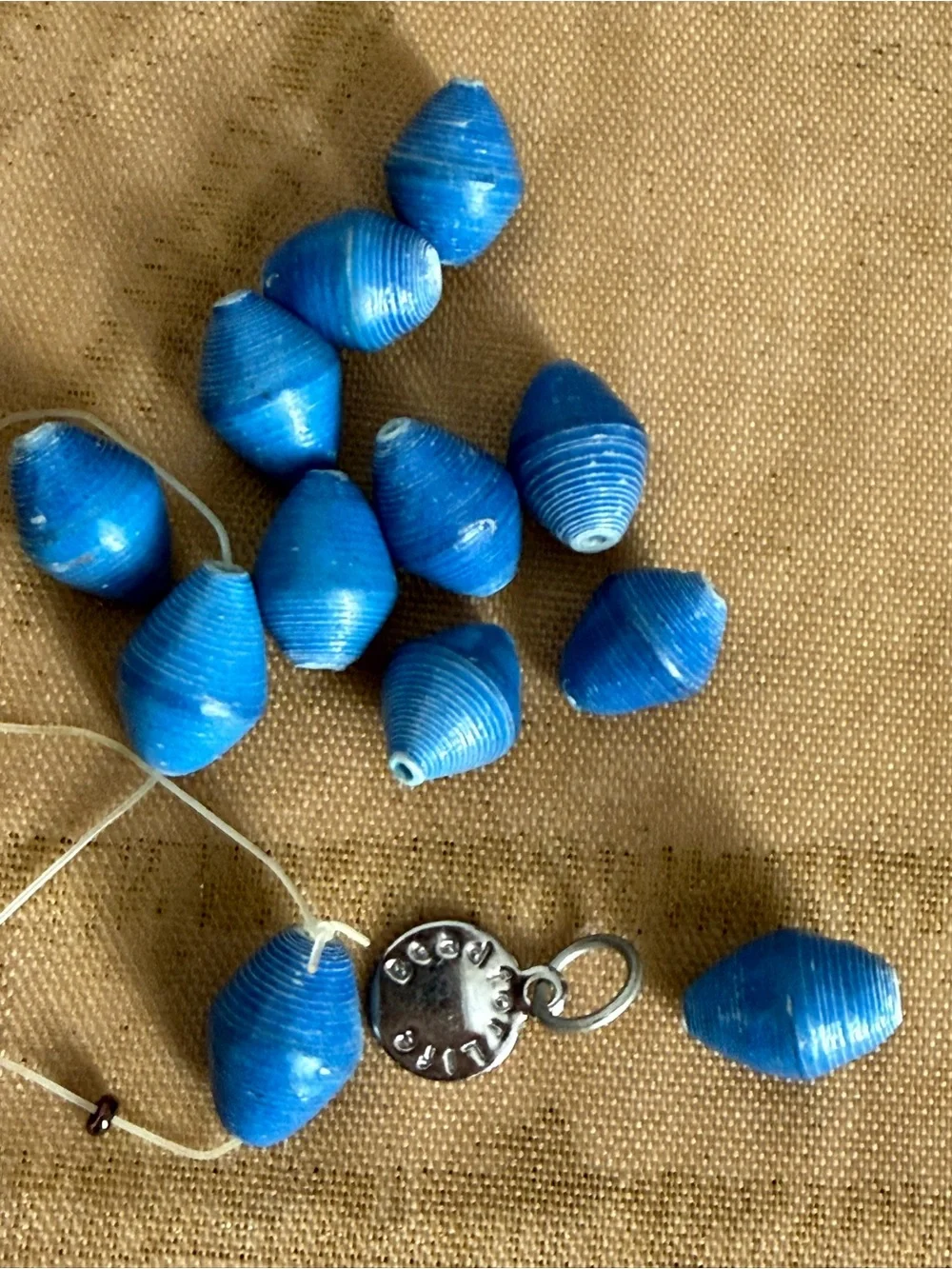Handmade Blue Paper Beads Strand with Silver Charm